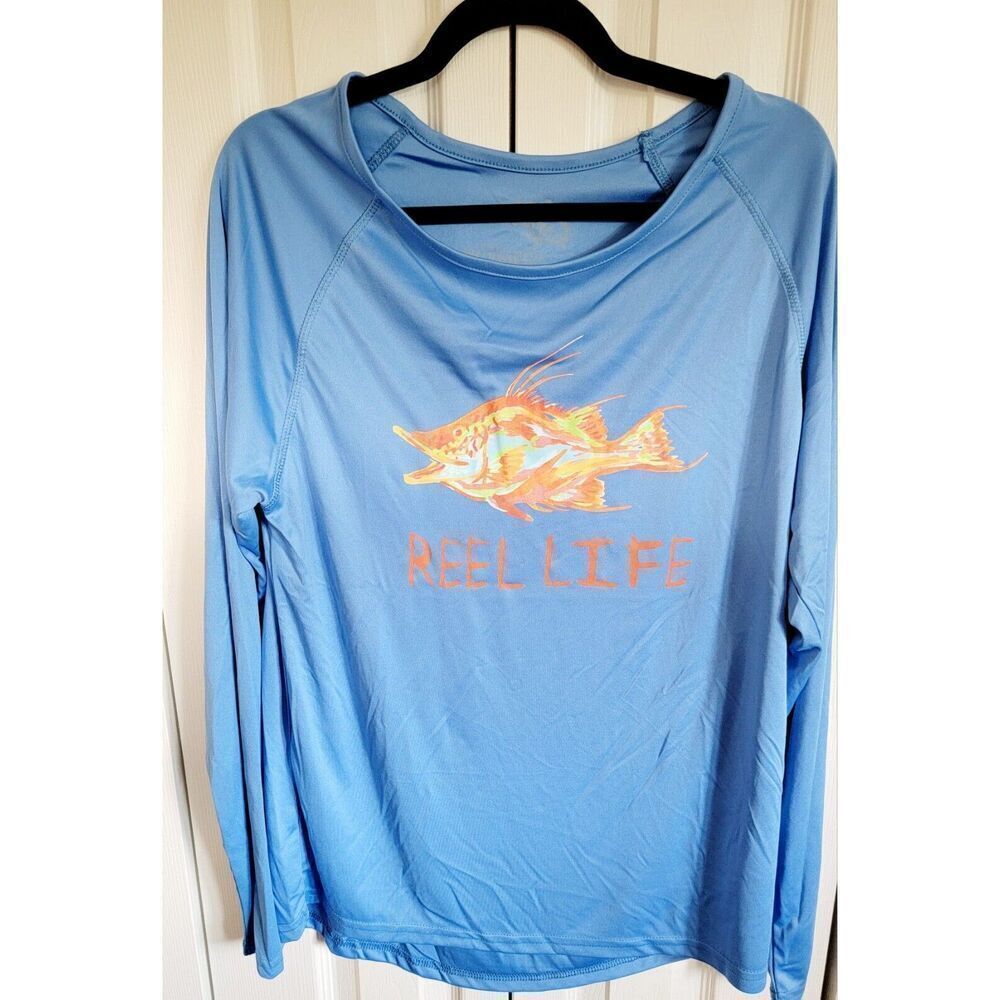 Reel Life 2X Shirt Long Sleeve Blue Fishing Stretch Moisture Wicking - Picture 1 of 6